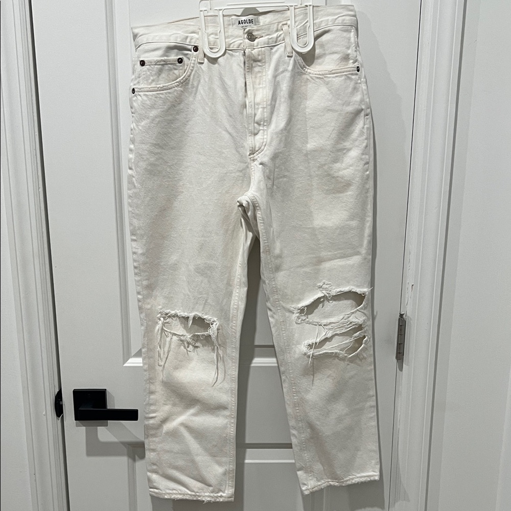 Agolde‎ Cream Distressed Straight Leg Jeans, Size 31